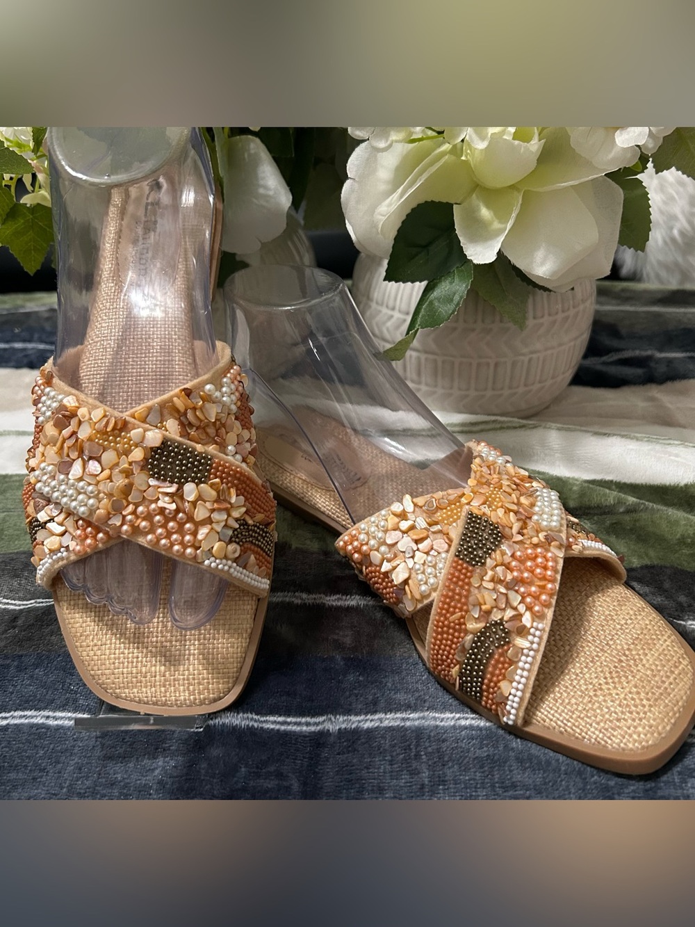 NWOT CL Launday Comfort Cushion Beaded Peach Slide Sandals for Women Size 6.5